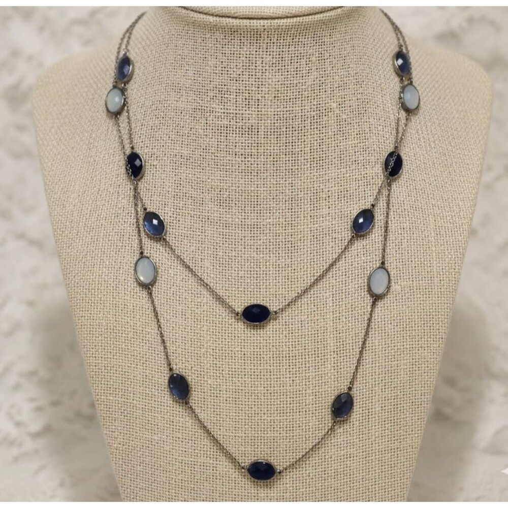Blue White Tone Station Bead Chain Necklace 2 Strands Layered Faceted